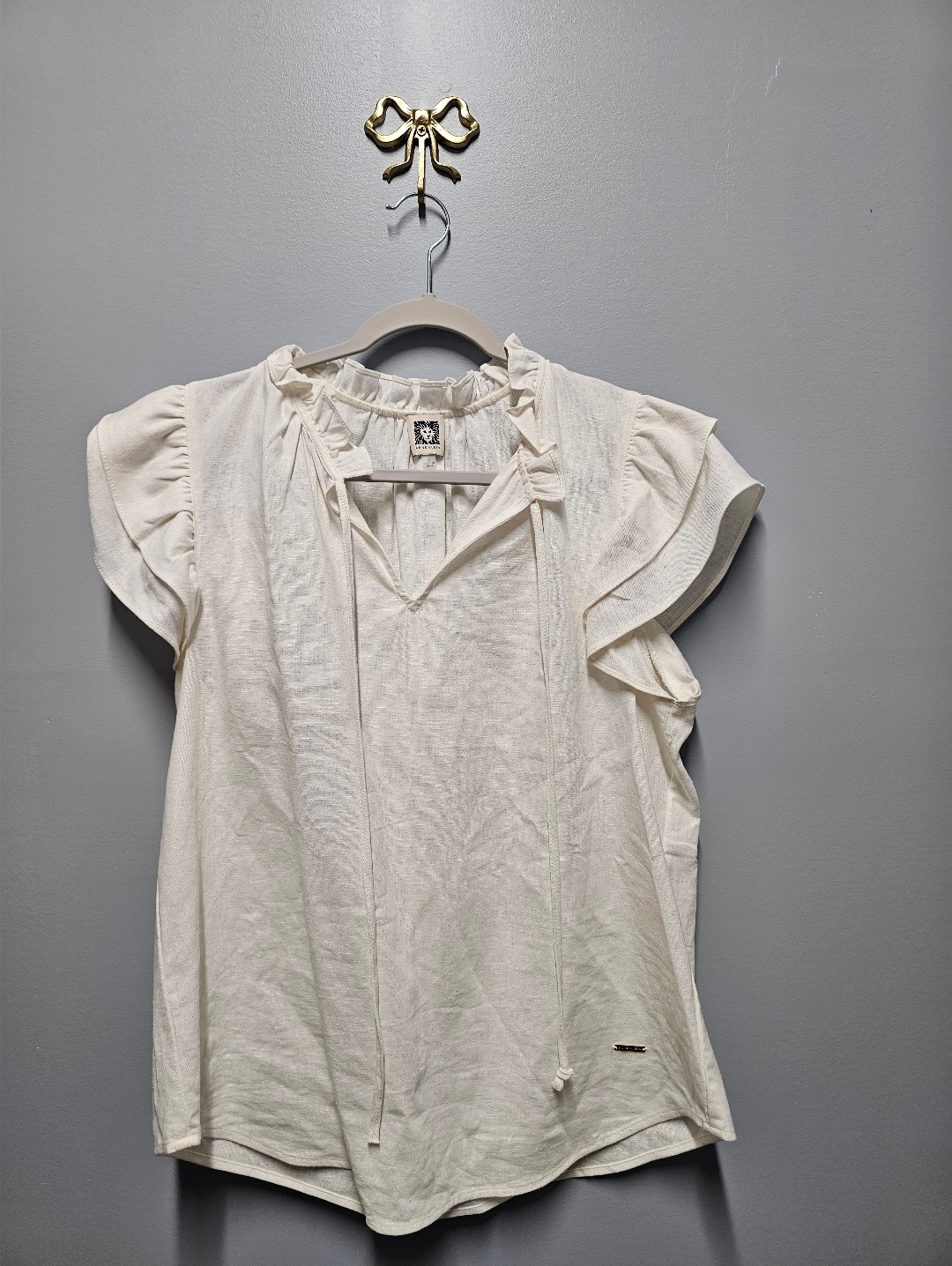 Anne Klein Women's Cream Ruffle Sleeve Tie-Neck Top M